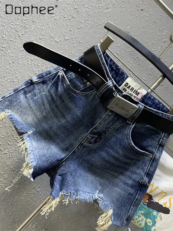 Amerikanische Retro Hot Girl Hohe Taille Zerrissene Denim Shorts Sommer Mode Raue Kante Fransen Breite Bein Hosen Vielseitige Casual Shorts