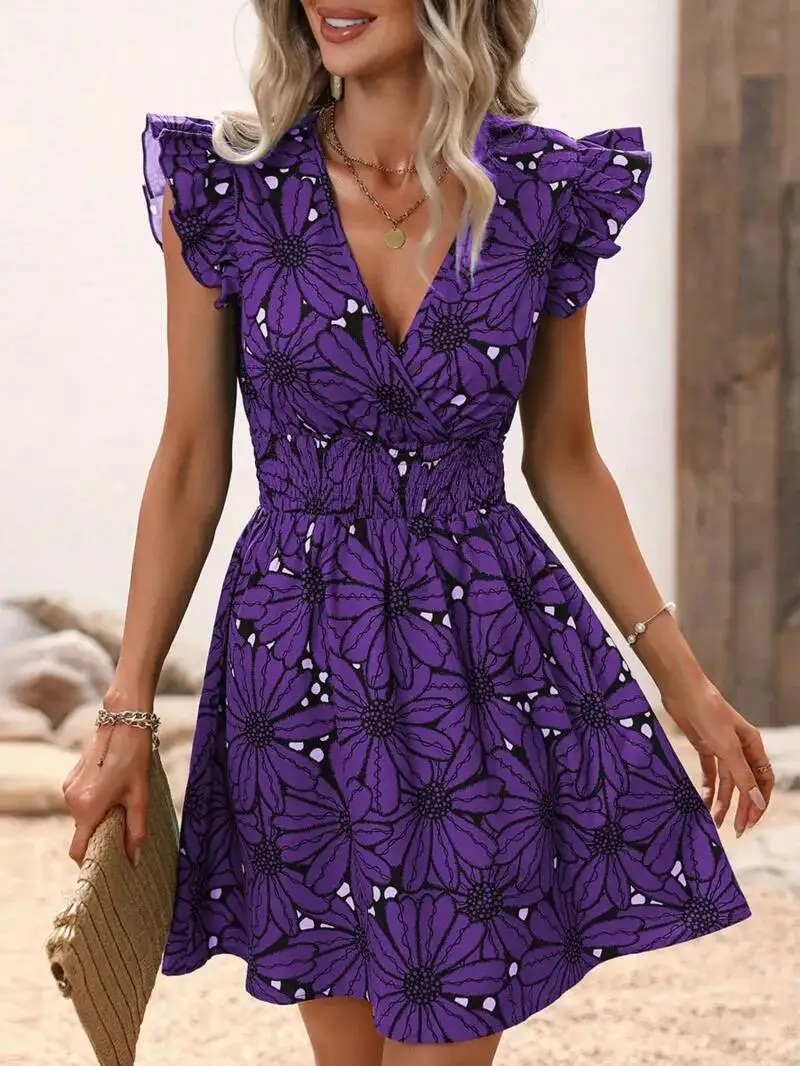 Mode V-ausschnitt Gedruckt Kleid frauen Blütenblatt Hülse Mini Kleider Sommer Party A-Line Kleid Vestidos Mode Süße Mini Kleid PJZ2