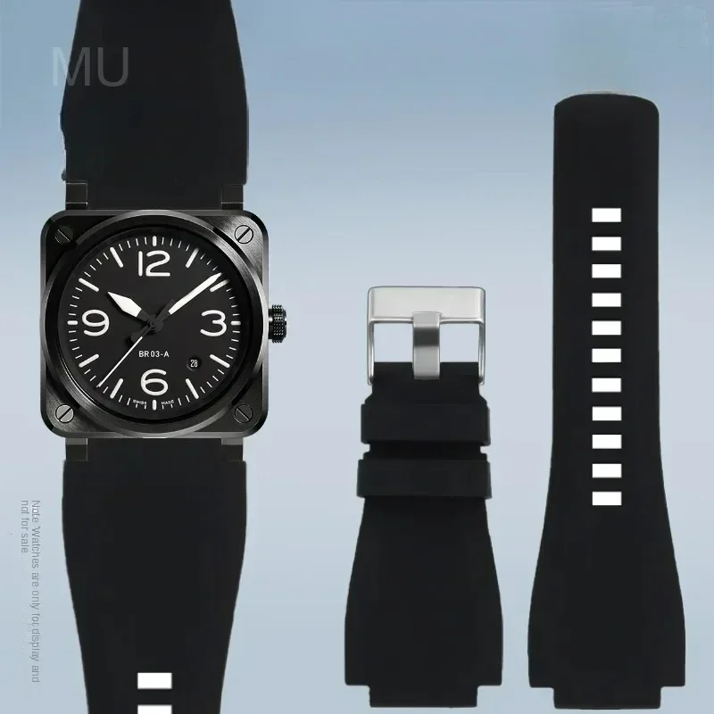 For Bell Ross Classic Square Watch BR01 BR03 Series Special Convex Interface Elastic Comfortable Silicone Watchbands 24mm