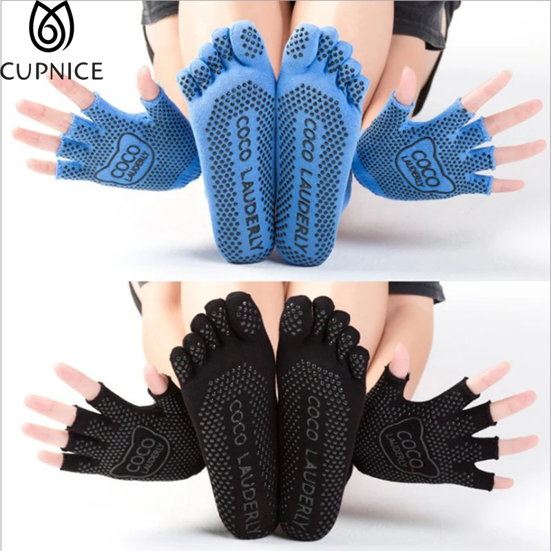 Women Yoga Silicone Socks Gloves Sets Half Toe Five Toed Non Slip Ladies Sports Socks Five-Finger Gloves