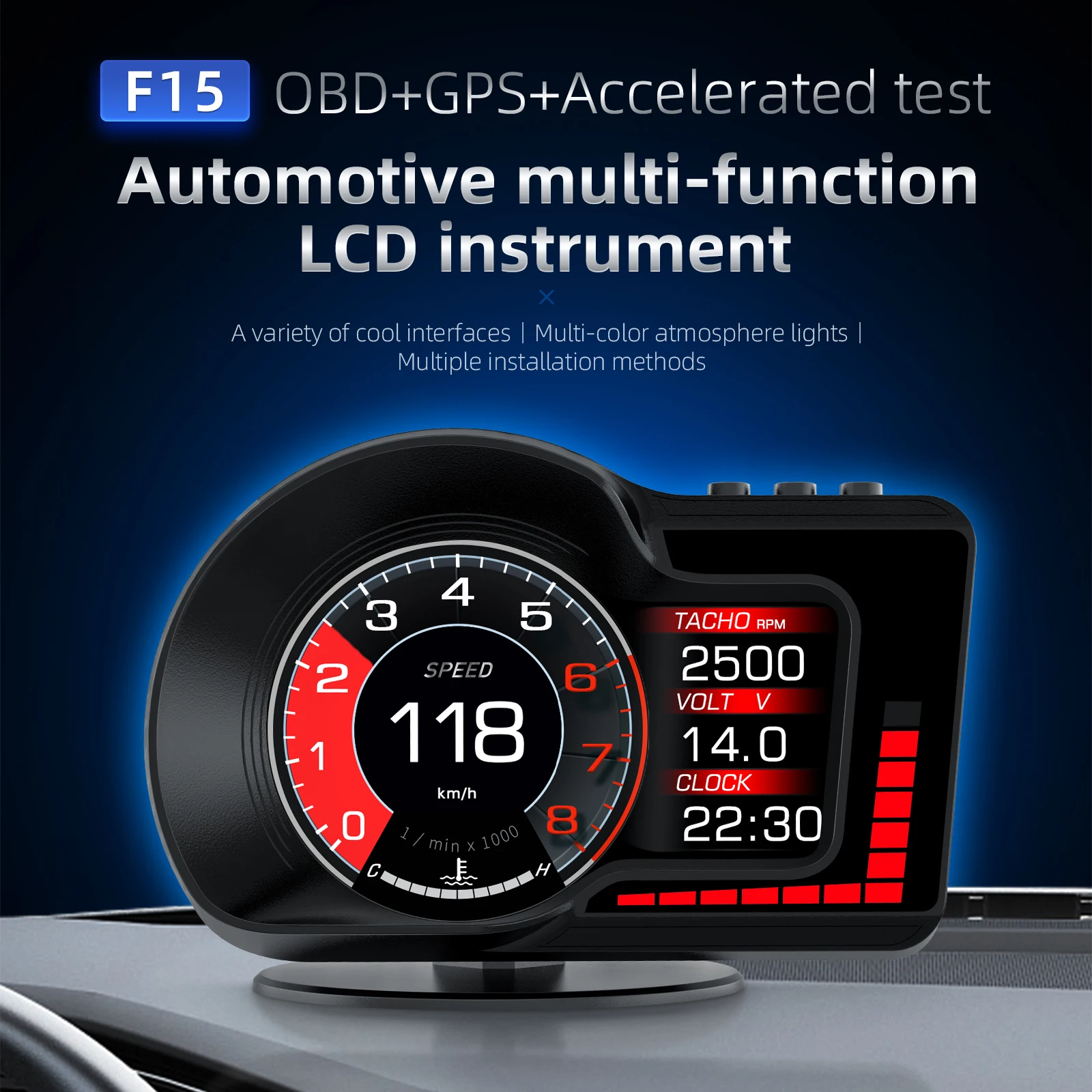 Hot Sale WiiYii F15 OBD2 Type-C 3-inch Black Car Gauge LCD GPS Speedometer HUD Head-up Display Alarm Function Universal Fitment