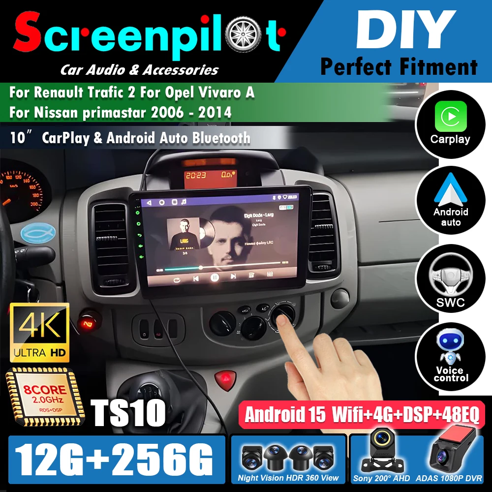 Rádio Automotivo para Renault Trafic 2, Opel Vivaro A e Nissan Primastar 2006 - 2014 com Navegação GPS, Carplay, Android Auto e Wi-Fi 5G