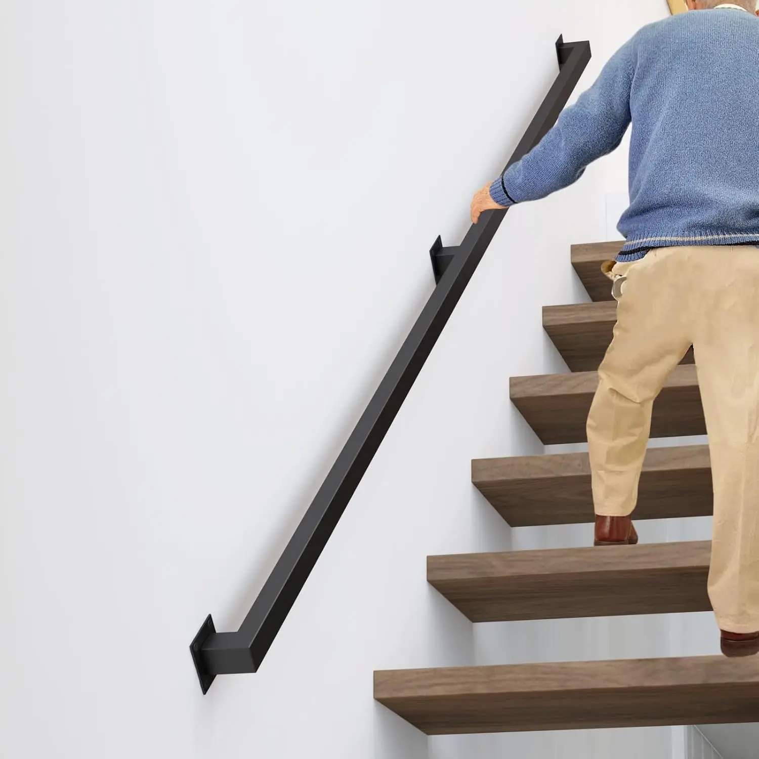 

6FT Black Iron Stair Railings Indoor, Industrial Wall Mounted Handrail for Loft Porch Deck with 500lbs Load Capacity