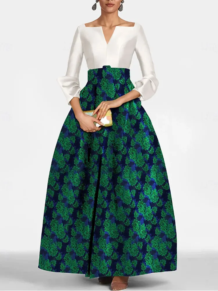 

Green A-Line Evening Gown Floral Elegant Dress Formal Floor Length 3/4 Length Sleeve V Neck Pocket Satin with Print New