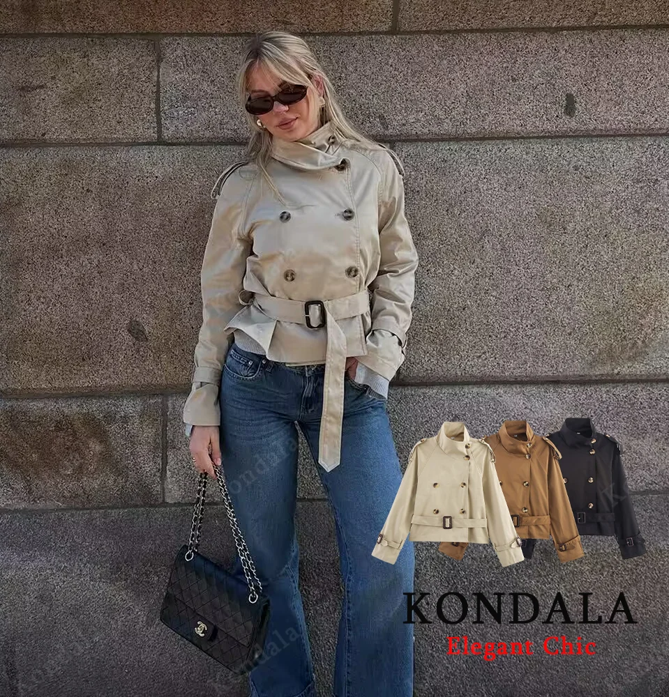 

KONDALA осенний женский короткий плащ с высоким воротом и поясом, ветровка на пуговицах, осень 2021, модное пальто для отдыха и путешествий