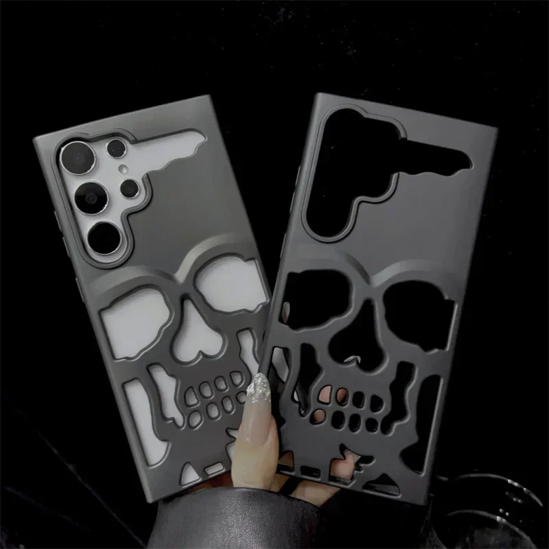 3D Matte Metallic Color Hollow Out Skull Hard Phone Case For Samsung Galaxy S23 S24 Ultra S24 S23 Plus Shockproof Luxury Cover