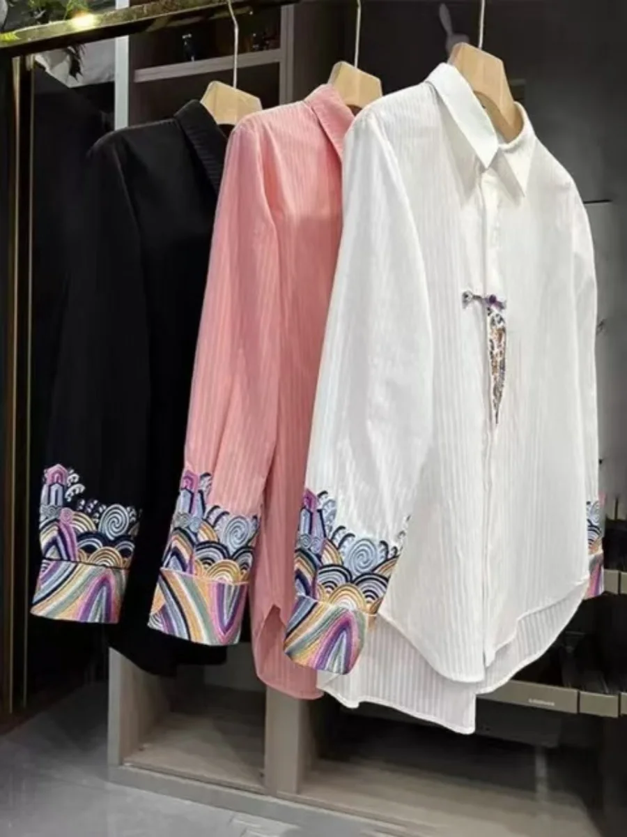 

Chinese Sle Loose Fit Striped irt Women's Early Spring Faion Retro Patchwork Embroidery Cotton Long Sve Collar