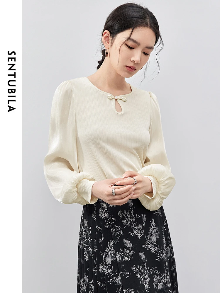 SENTUBILA Hollow Out U Collar Blouse Women 2024 Autumn Chiffon Casualpatchwork Lantern Sleeve Elegant Pullover Shirt 143V55756