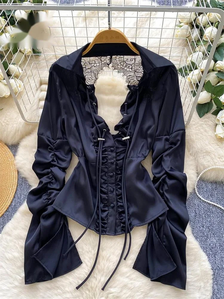 

Кружевная сексуальная рубашка с глубоким v-образным вырезом, женская тонкая роскошная вечерняя блузка с лацканами и длинными рукавами, модная однотонная атласная блузка с открытой спиной