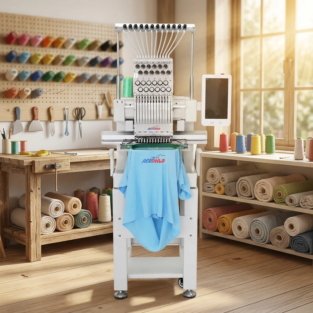 REVHON High-Speed 1 Head Multi-Color 9/12-Needle Computerized Embroidery Printing Machine for T-Shirts and Caps