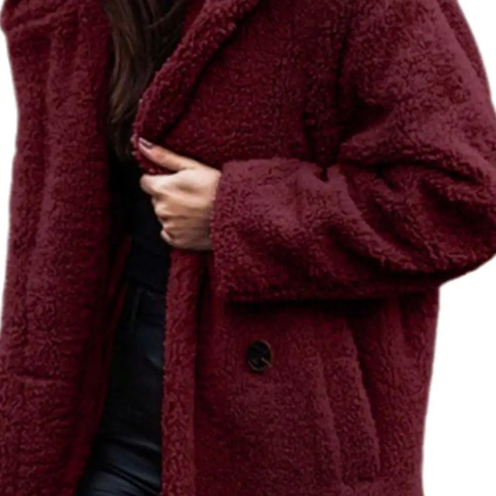 Women Long Coat Solid Color Hooded Coat Winter Autumn Single-Button Plush Coat Lapel Double Breasted Long Cardigan Female Top