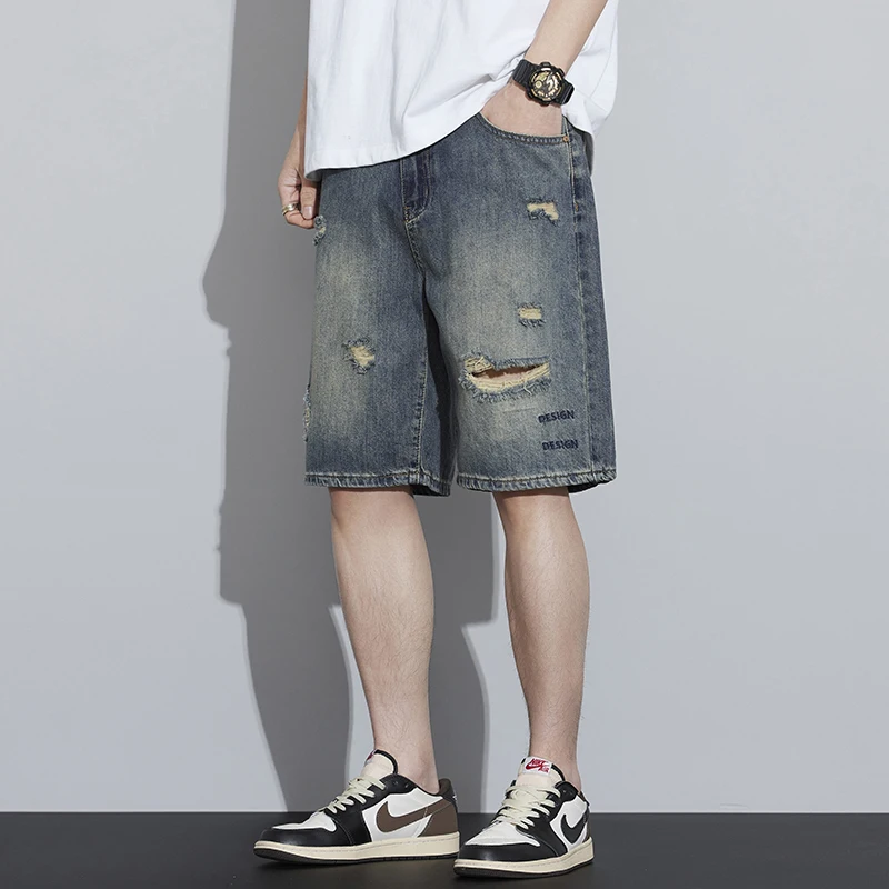 

Мужские джинсовые шорты с дырками, весна-лето 2026, универсальные, свободные, в корейском стиле, трендовые брюки Ins