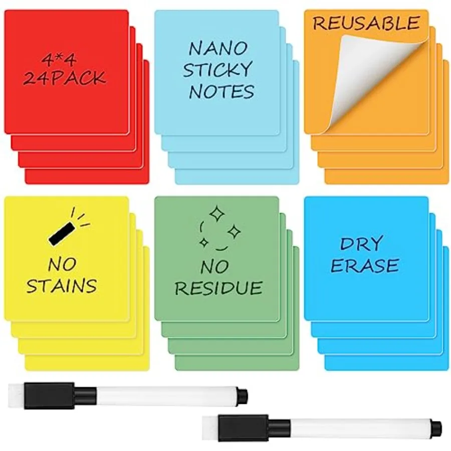 

24 Pack Dry Erase Sticky Notes Reusable Whiteboard Stickers Washable Erasable Self Sticker with 2 Whiteboard Markers for School