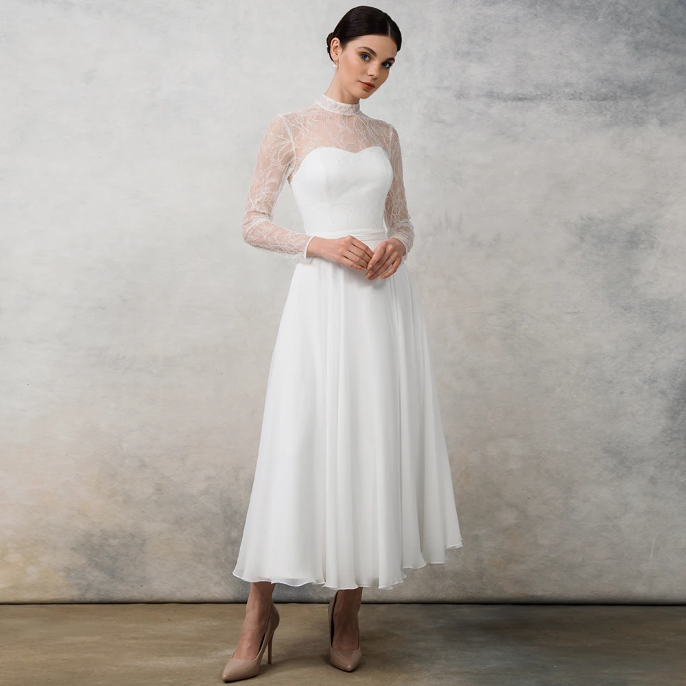 

Fashion High Neck Lace Long Sleeve Chiffon Midi Wedding Dress with Keyhole Back Customized Tea Length A-Line Brail Gown 2026
