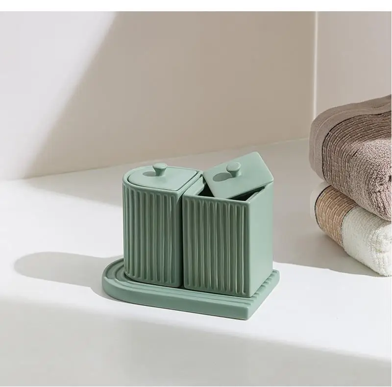 Bathroom Accessories Set Green Striped Ceramics Tooth Brush Holder Soap Container Cup Storage Tray Cotton Swab Box