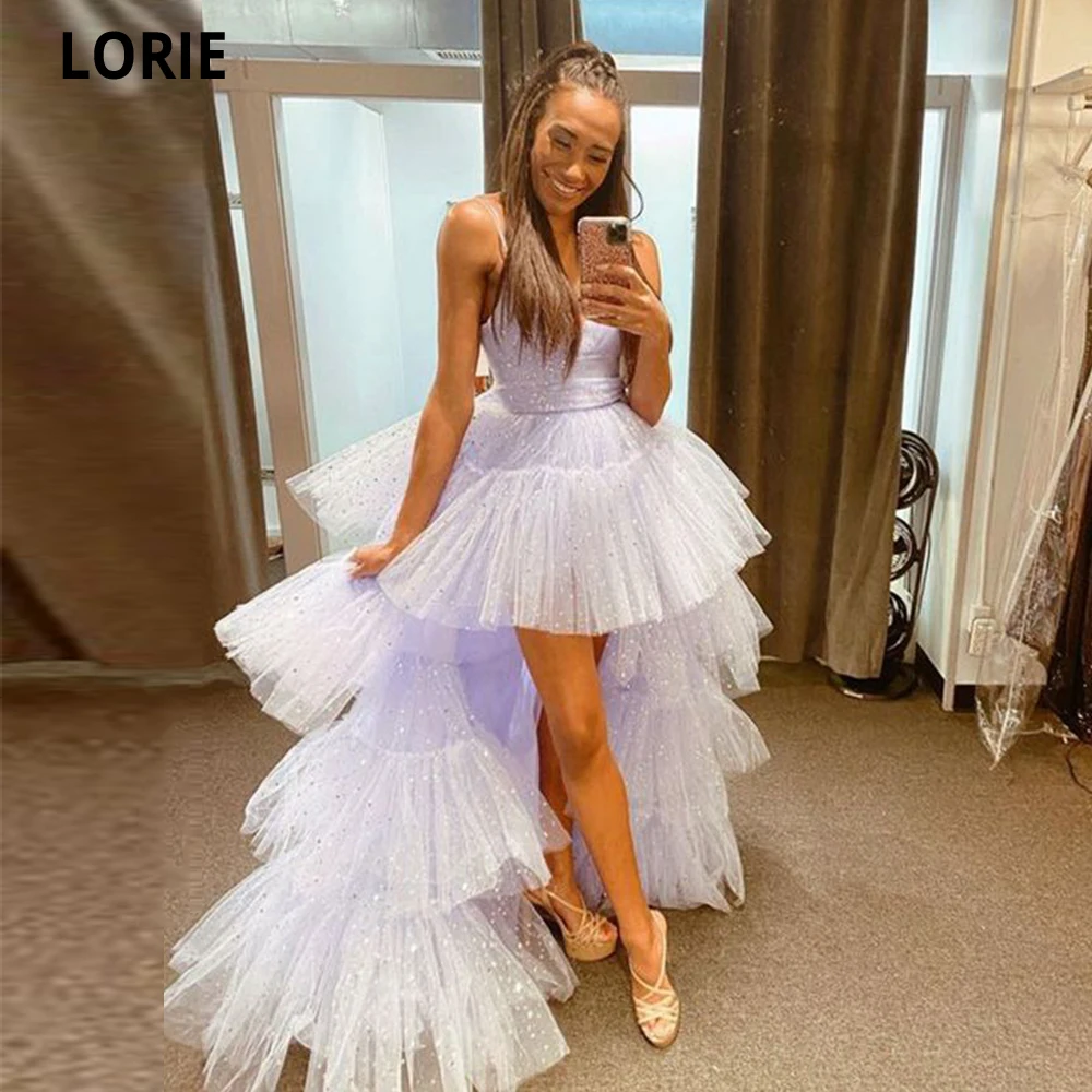 Lorie elegante vestidos de noite 2023 alta baixa v-neck cintas de espaguete formal ocasião pontilhada tule vestidos de baile longos vestidos de festa