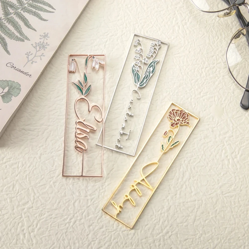 Colorful Birthday Flower Stainless Steel Bookmark Name Custom Personalized Watercolor Painting Bookmark Gift for Friends