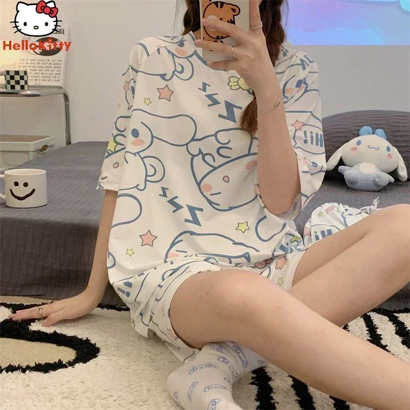 Kawaii Sanrio Anime Cinnamoroll Kuromi Pajamas Summer Simple Fashion Delicate Cute Casual Loose Comfortable Soft Girly Set Gift