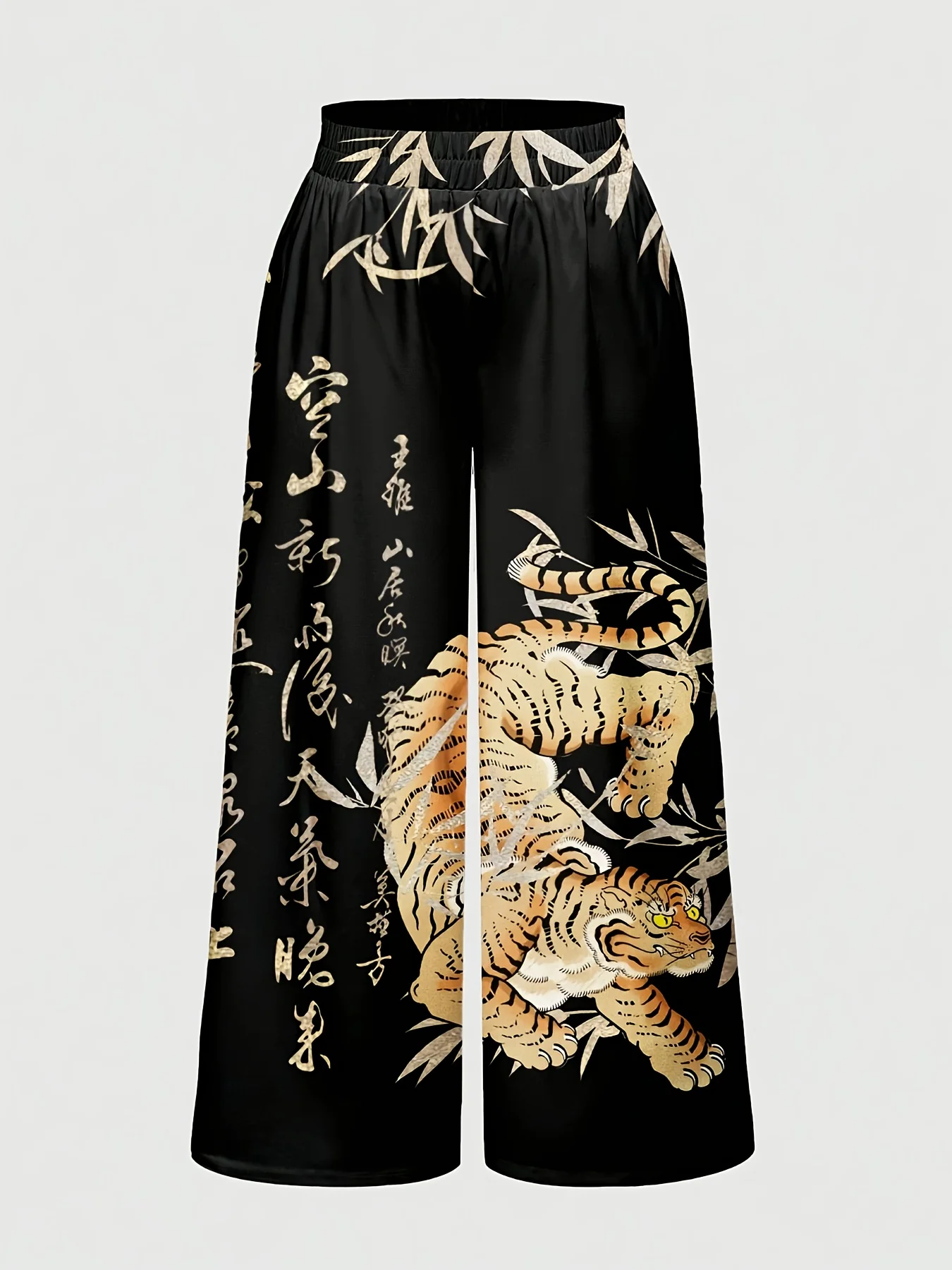 Women Vintage Ukiyo-e Art Print Wide Leg Pants Tiger Geisha Pattern Casual Street Trousers