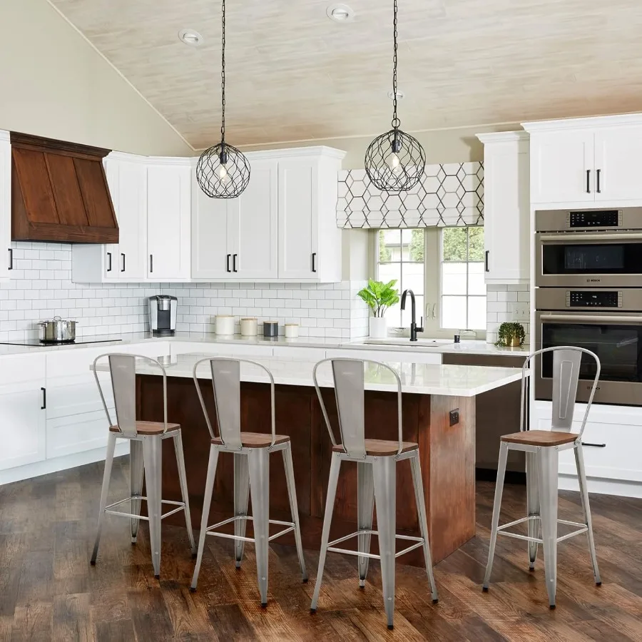 مجموعة 30 مقاعد بار معدنية قابلة للتخليص مكونة من 4 مقاعد للبار عالية الظهر مع مقعد خشبي مثالي للاستخدام الداخلي والخارجي #5