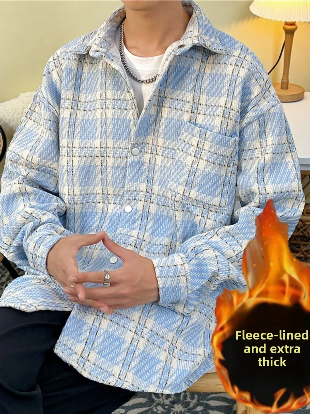 

Hong Kong Sle Plaid Vintage Turn-down Collar Jaet Luxury Feel Men's Autumn Winter Fce Lined Woolen Warm Casual Coat