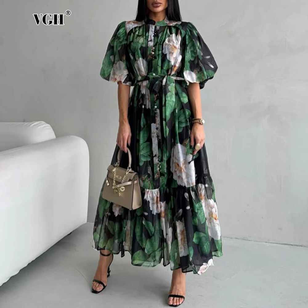 

VGH Colorblock Loose Spliced Button Long Dresses for Women O Neck Puff Short Sleeve Patchwork Lace Up Folds Dress Female Fashion