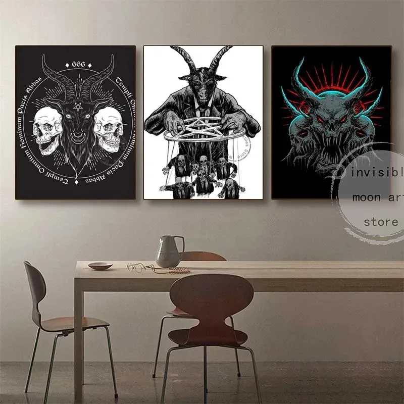 Abstract Black Demon Goat Head Pentagram Satanic Tattoo Occult Art Poster Canvas Painting Wall Print Picture for Room Home Decor