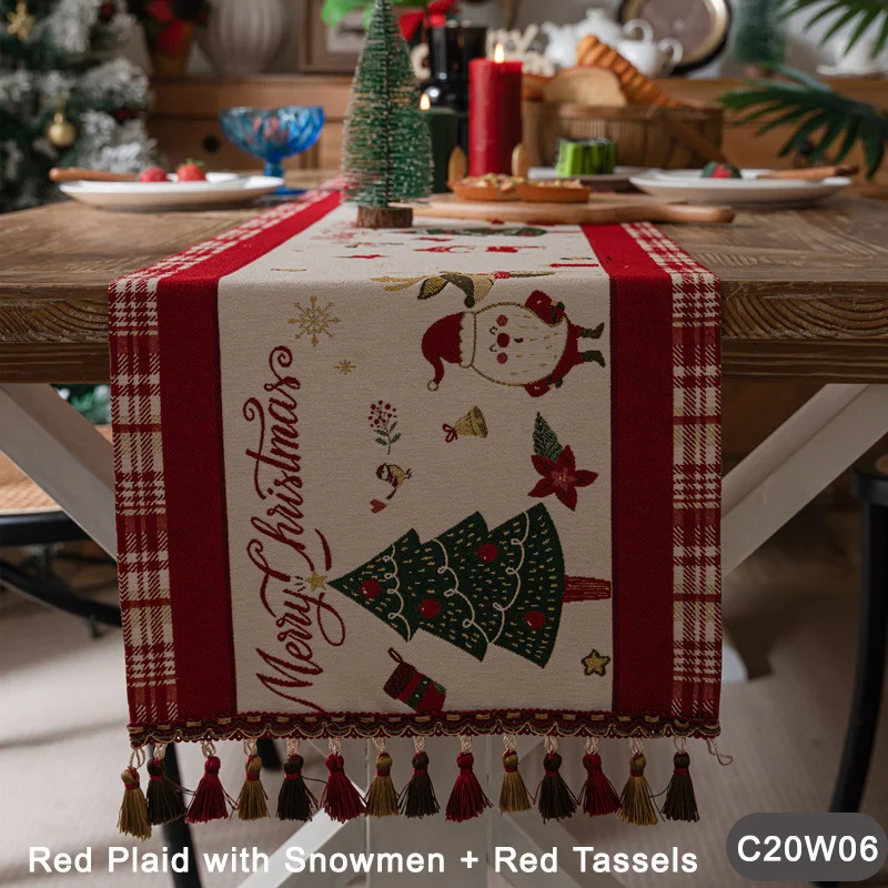 

Christmas Table Runner Snowman Reindeer Jacquard - Decorative Polyester Tablecloth with Tree, House, Horse Design Tassel