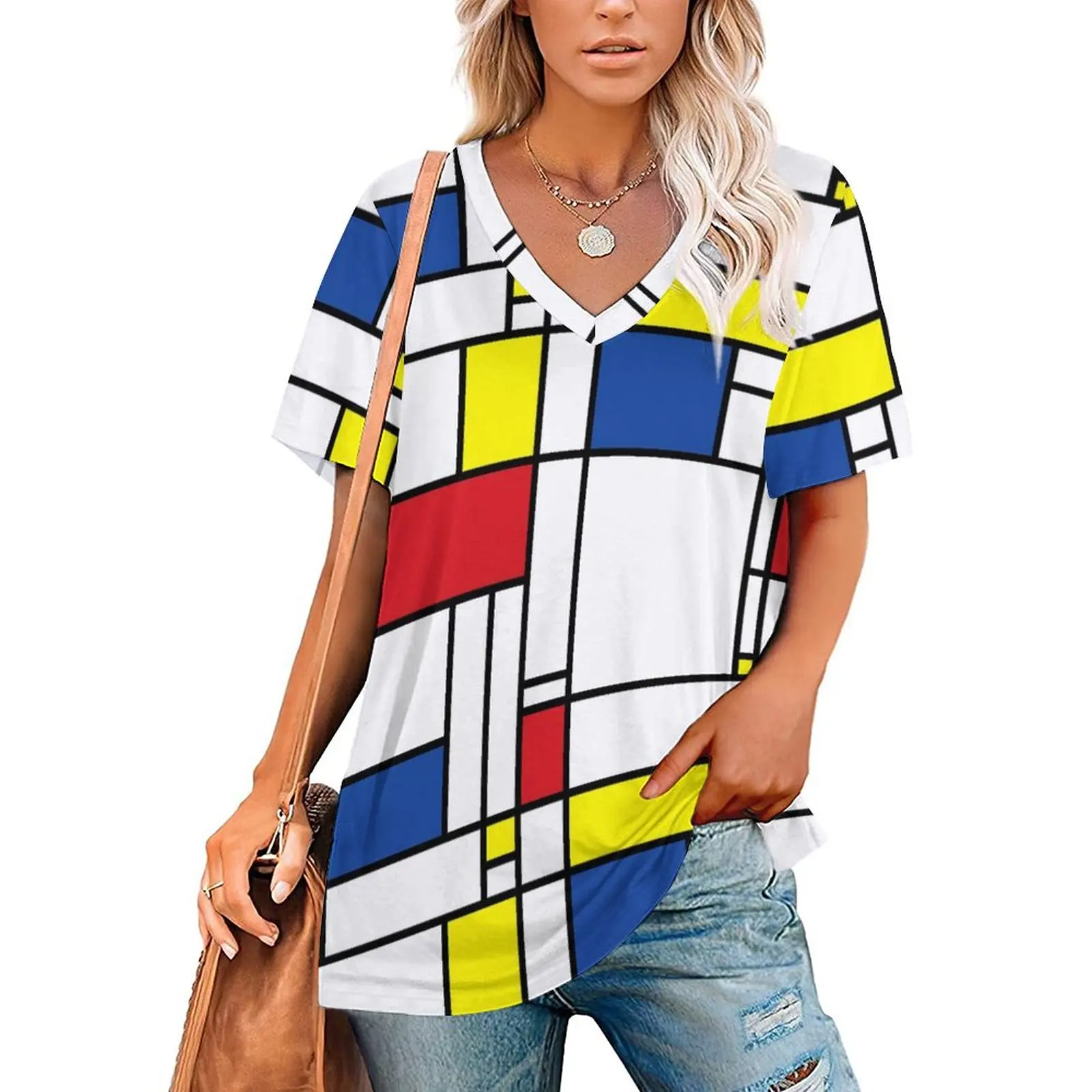 Geometric De Stijl T Shirt Mondrian Minimalist Trendy T-Shirts V Neck Short Sleeve Graphic Tshirt Women Casual Clothes Big Size