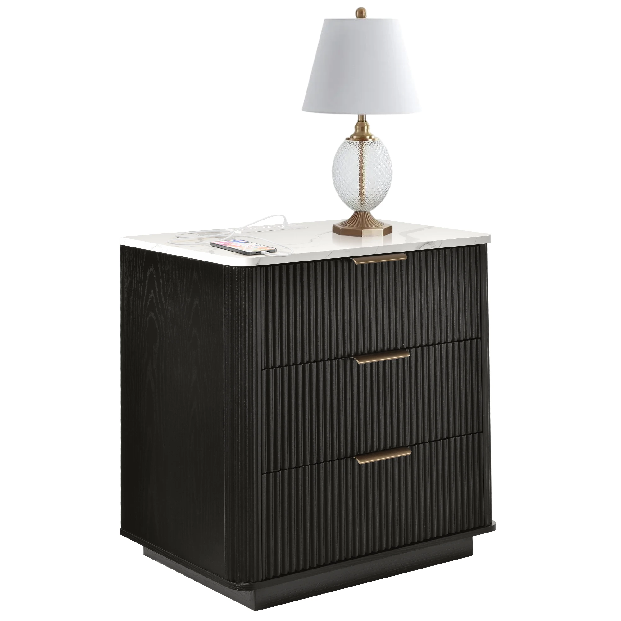Mid-Century Modern Fluted 3 Drawer Dresser, Wood Nightstand with Ribbed Textured Front Storage Cabinet, Minimalist Bedside Table for Bedroom, Sturdy End Table Chest of Drawers for Living Room Dorm Entryway Bathroom