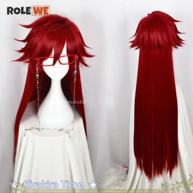 Kuroshitsuji Black Butler Grell Sutcliff Perücken Rot Lange Gerade Hitze Beständig Haar Cosplay Perücke + Schädel Kette Gläser + Perücke kappe