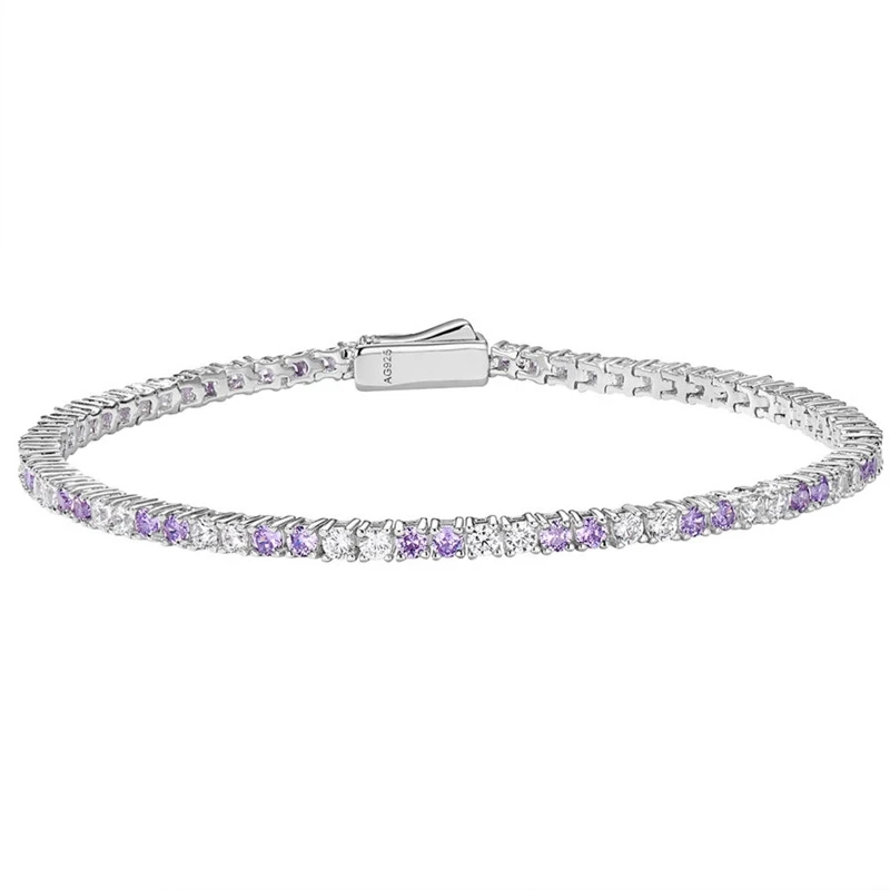 Bellux Interval Color Purple and White 3mm Tennis Chain Full Diamond Bracelet Women's Summer 925 Silver Fashion Design Bracelet