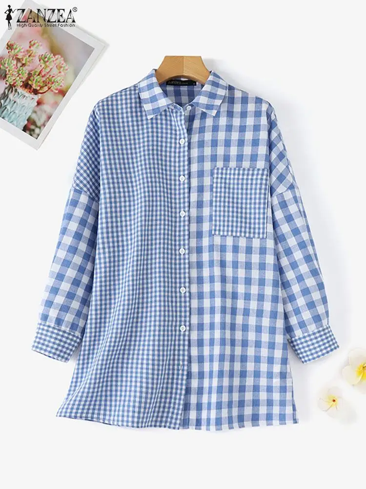 ZANZEA 2024 Autumn Plaid Checked Shirt Women Fashion Long Sleeve Lapel Neck Tops Casual Patchwork Blouse Loose Work OL Blusas