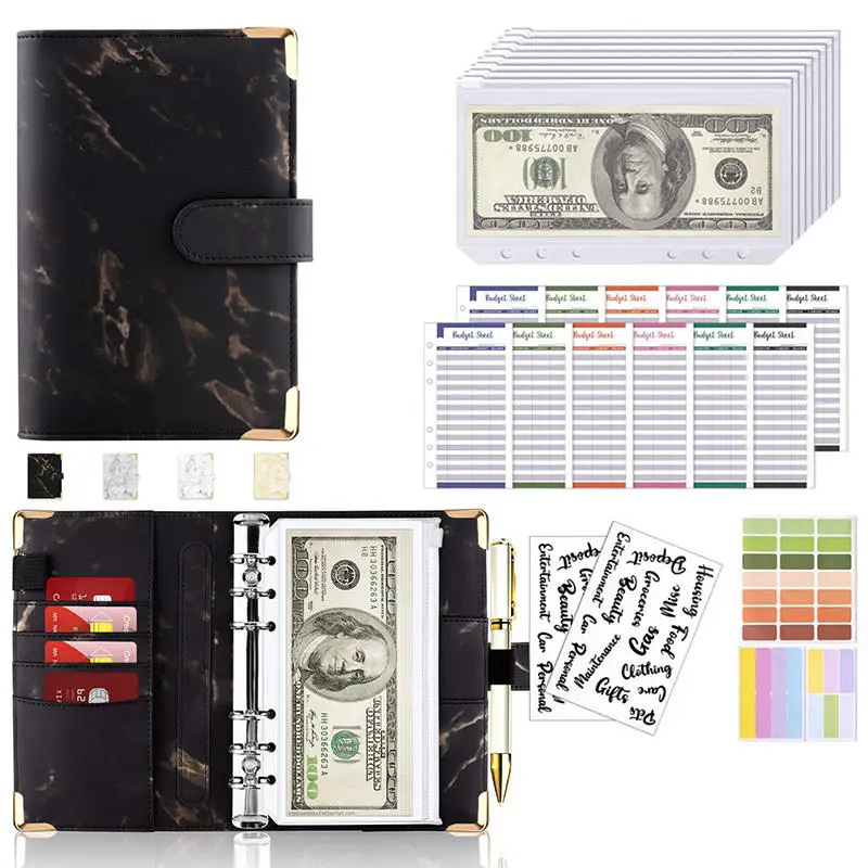 PU หนัง Budget Binder เงินสดซองกระเป๋าซิปขนาดเล็กภาษาฝรั่งเศสคํา Budget POUCH Binder สําหรับประหยัดเงิน A6 Planner Organizer