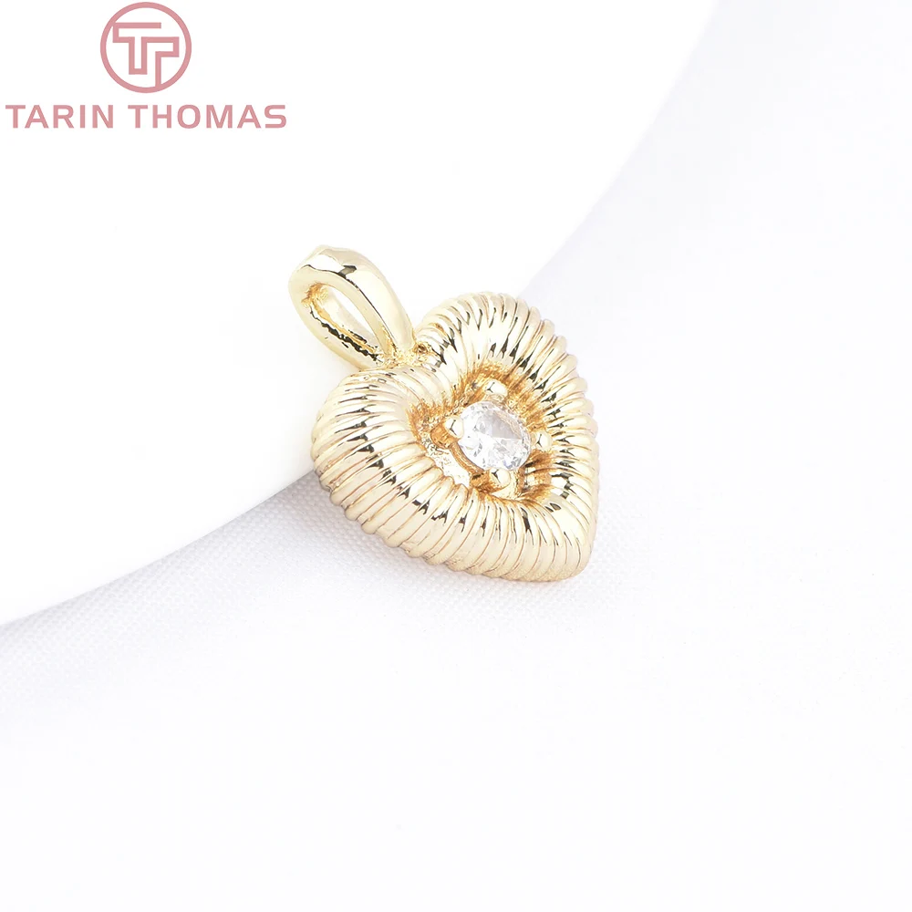 (9680) 4PCS 13x16MM 24K Gold Color with Zircon Striped Heart Shaped Pendants Hight Quality Jewelry Making Findings Accessories