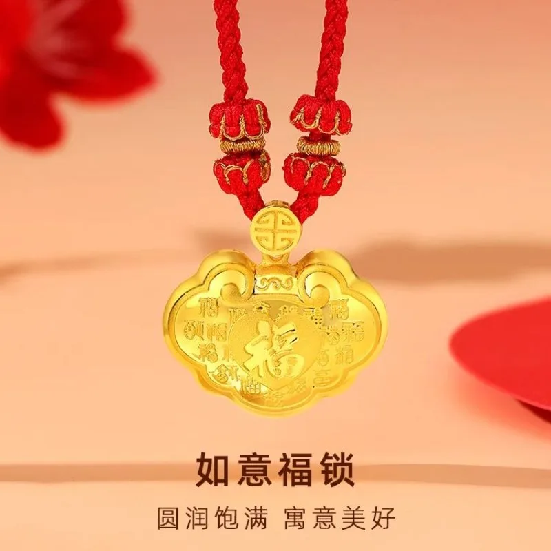 Gold Plated Ruyi and Hundred Blessings Longevity Locket Red Braided Cord Adjustable Necklace for Babies Birthday Full Moon Gift
