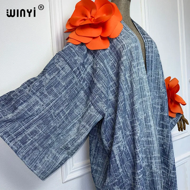 WINYI-Kimono en denim délavé, modèle passerelle, cardigan maxi, robe élégante, fête, vacances, natation, plage, couverture, mode abaya