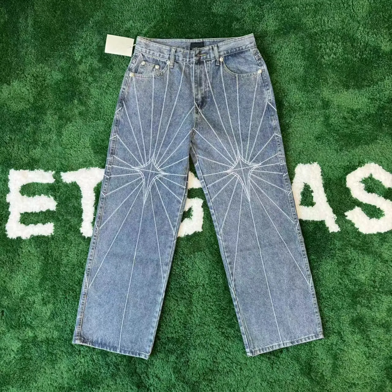 

23SS Thug Клубные длинные джинсовые брюки с вышивкой для мужчин и женщин, повседневные модные брюки, мужская одежда, женская одежда