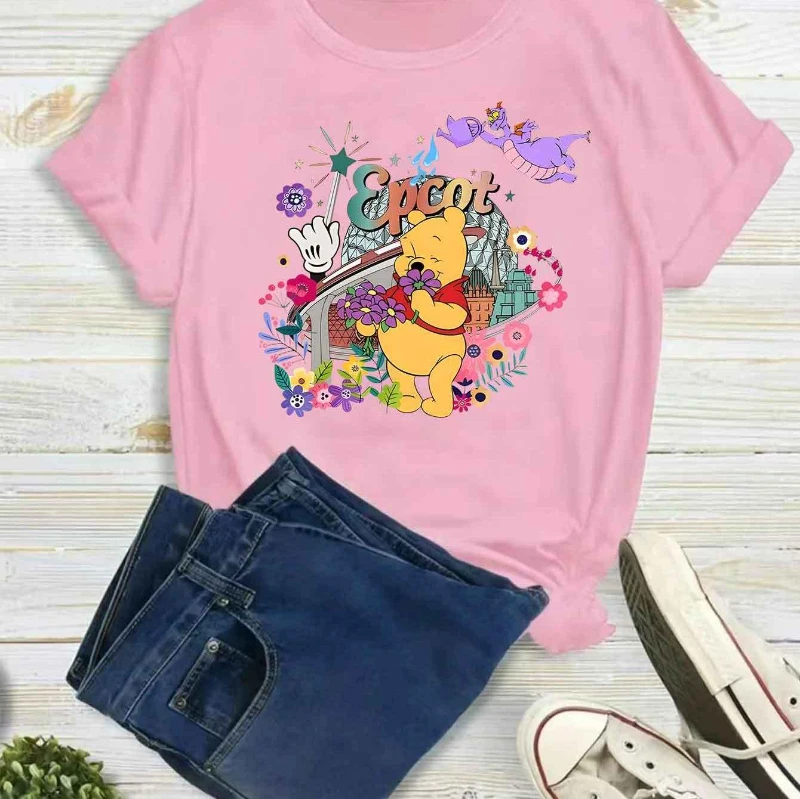 2025 nova disney autorizada feliz winnie padrão impresso camiseta feminina solta redonda casual topo com fragrância floral