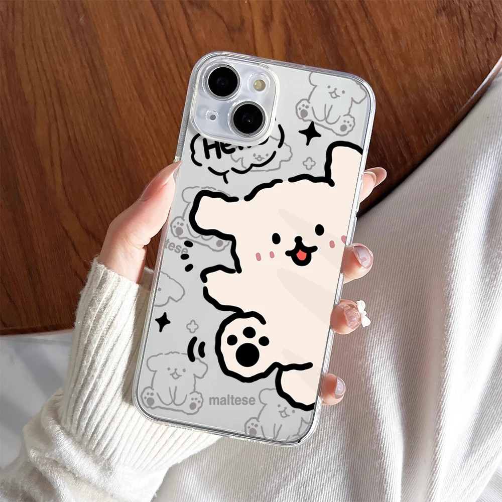 Cartoon Maltese Dog Cute Kawaii Phone Case For iPhone 11 13 16 15 14 12 Pro Max Plus Clear Transparent Soft Shell