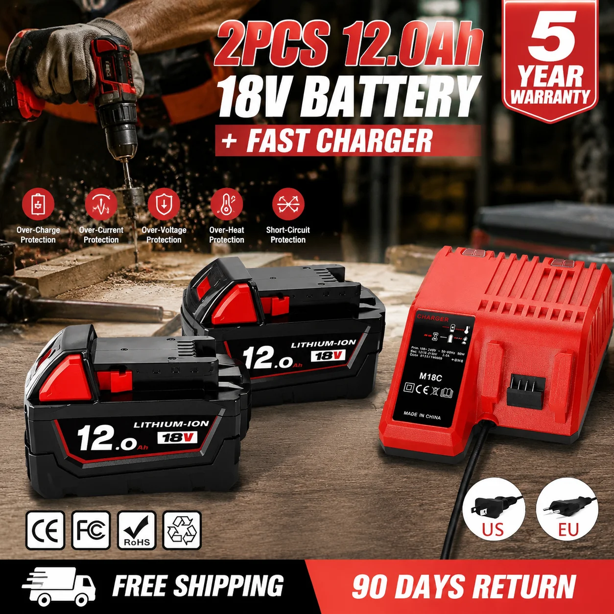 

M18 Battery 12Ah High Capacity For Milwaukee 18V XC Cordless Power Tools 48-11-1860 48-11-1850 48-11-1840