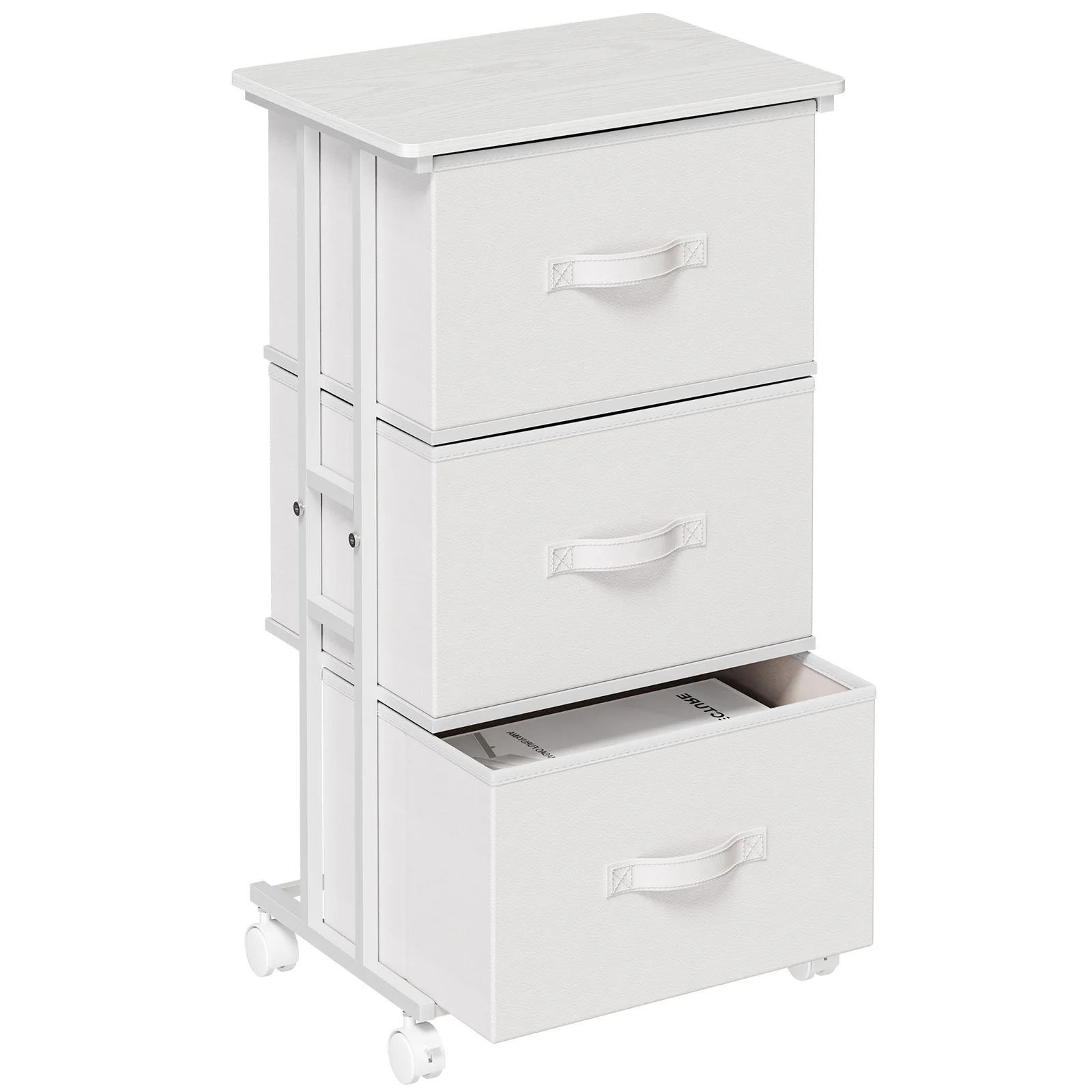 MCQ Movable Roller Cabinet With 3 Foldable Fabric Drawers Wooden Top Dresser Tables With Steel Structure Display Of Furniture image 3
