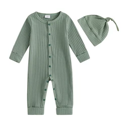 Baby 2Pcs Fall Outfits Long Sleeve Solid Color Ribbed Jumpsuit with Hat Set Newborn Clothes