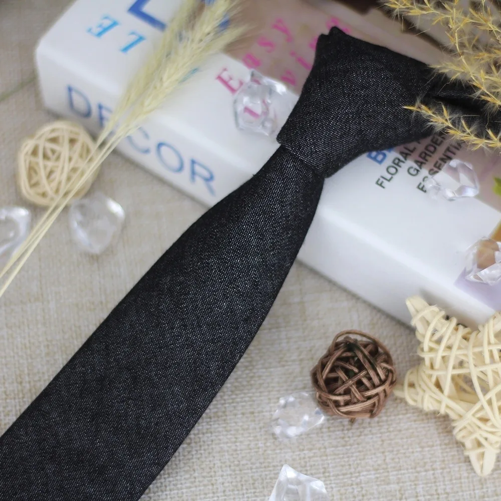 Classic Solid Color Jean Fabric Tie Adjustable Narrow Denim Men Necktie Hand Tied Blue Retro Cravat Shirt