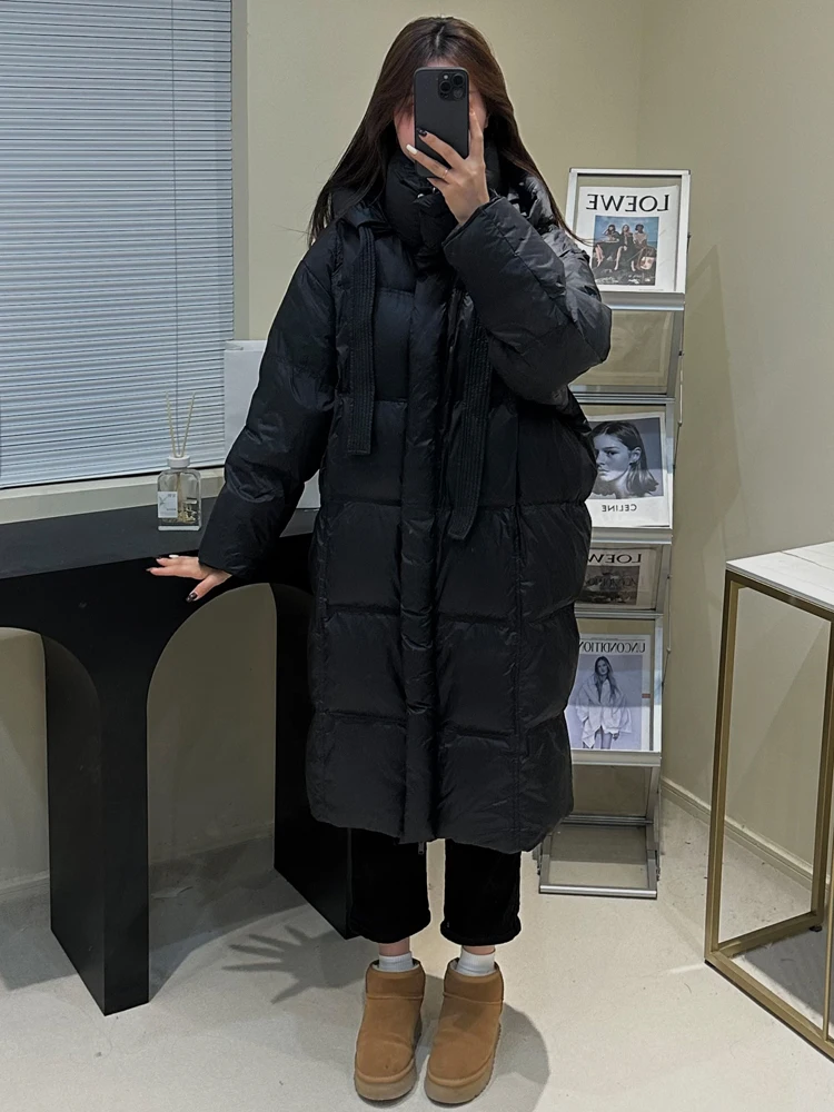 New Long Down Jacket Women's Knee Over Hooded Loose Thickened 90 White Duck Down Trendy Warm Coat High Quality Fluffy Comfort