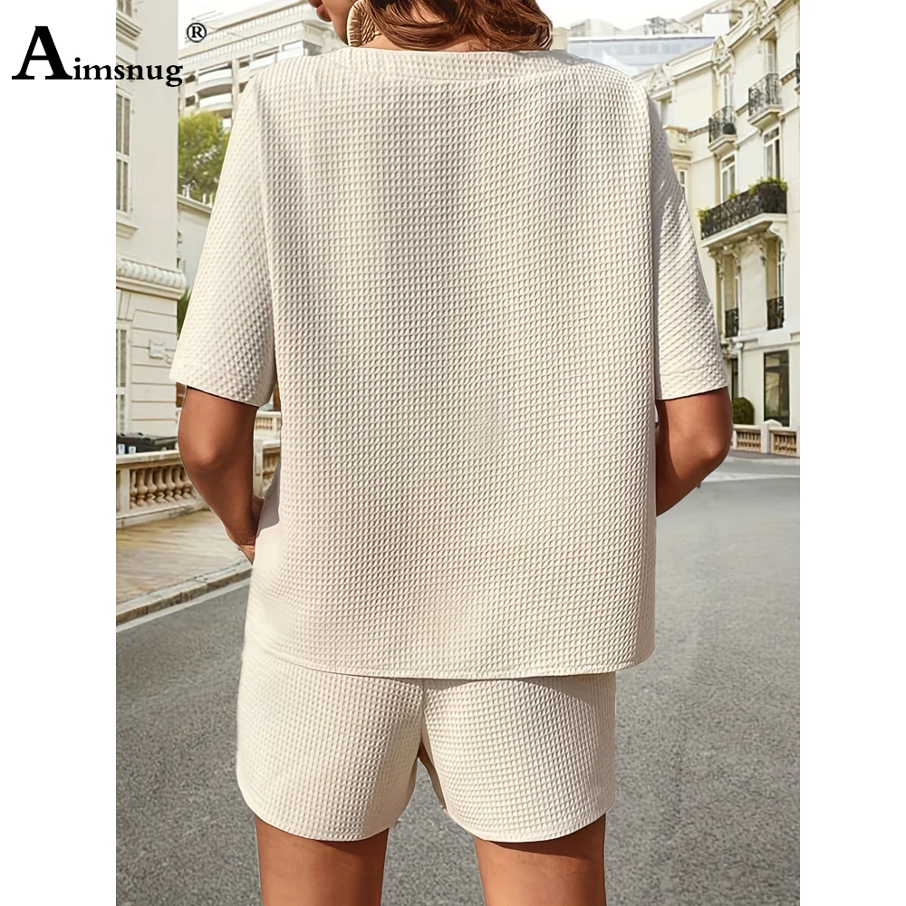 Women Casual Waffle Two Piece Sets 2023 America Europe Fashion Knitted Tops and Elastic Waist Shorts Suits Female Tracksuits Set