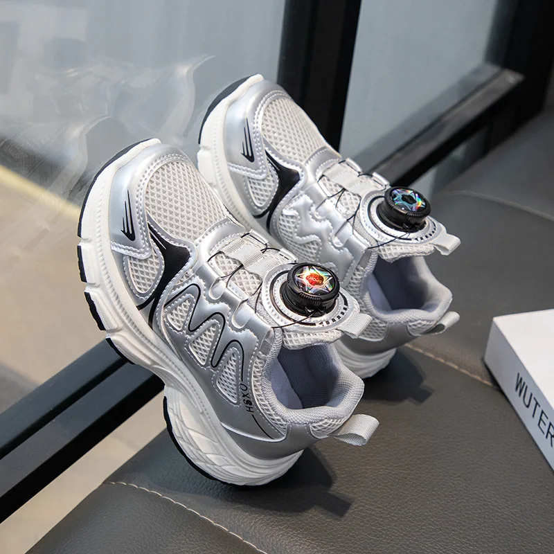 

Children Girls Sport Shoes Thick Outsole Breathable Mesh Light Running Footwear Kid's Sneakers Rotate Button Casual Boy Shoes