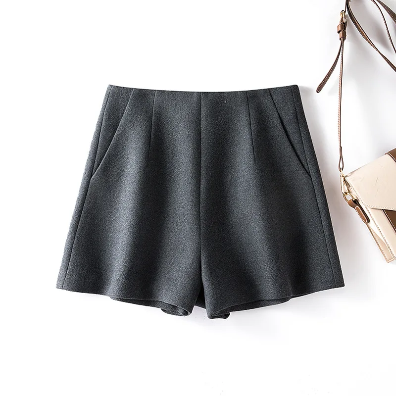 Black Wool Blend Shorts Women Winter High Waist A-Line Wide Leg Boots Casual