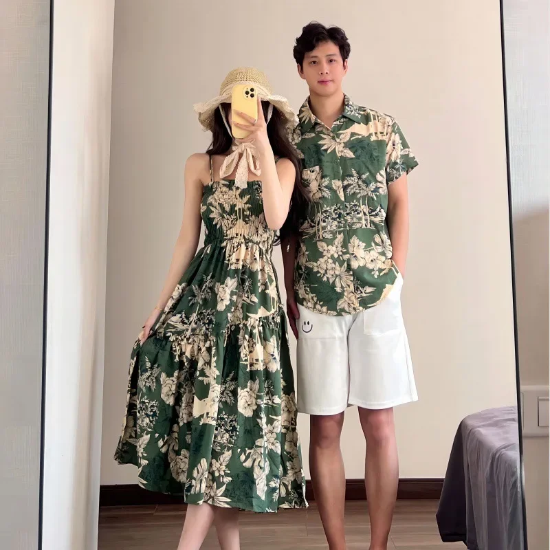 Holiday Family Matching Beach Clothes Couple Vacation Look Mom and Daughter Smock Green Dress Resort Dad and Son Print Shirts