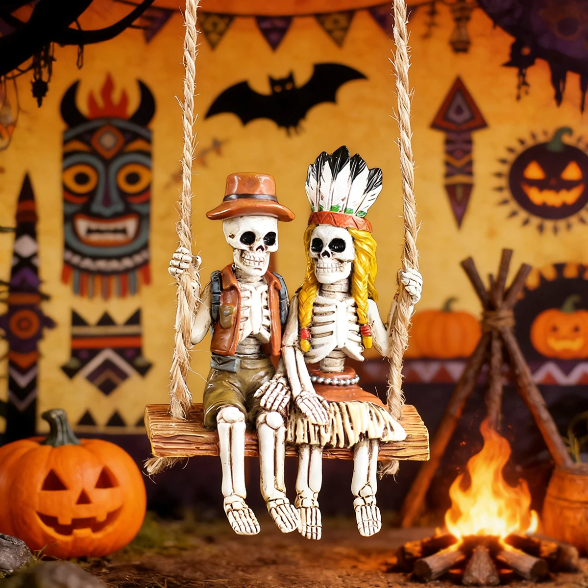 Halloween Native American Skeleton Hanging Ornament, Outdoor Garden Halloween Skeleton Decoration, Spooky Halloween Hanging Deco